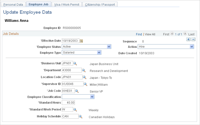 Update Employee Data - Employee Job page