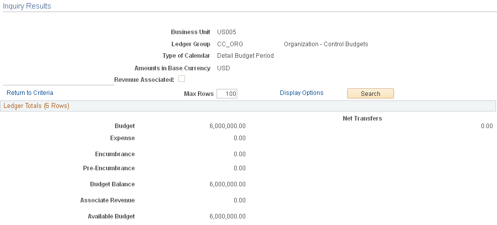 Budget Overview Inquiry Results page (1 of 2)