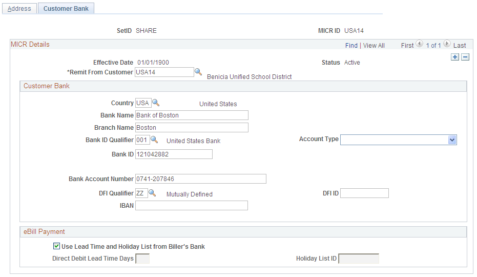 MICR Information - Customer Bank page