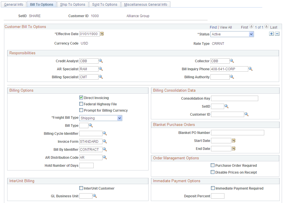 Bill To Options page (1 of 2)