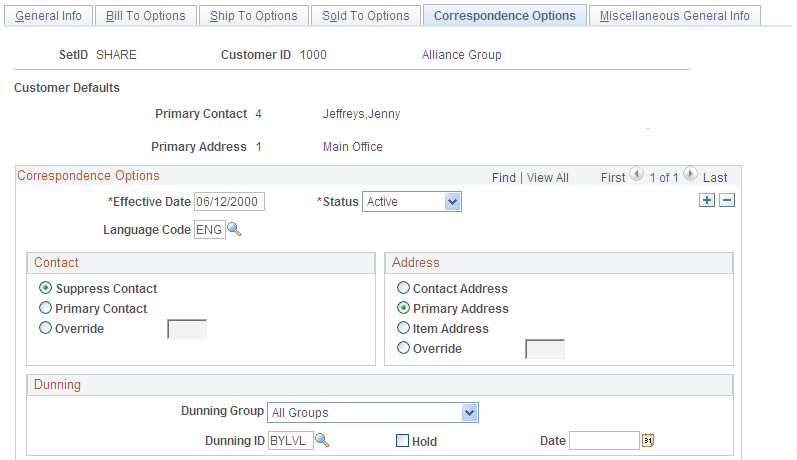 General Information - Correspondence Options page (1 of 2)