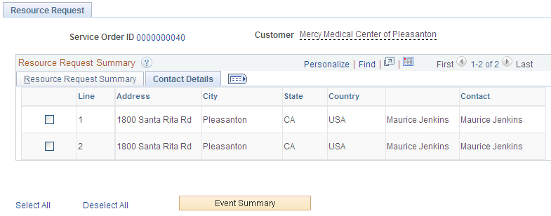 Resource Request page - Contact Details tab