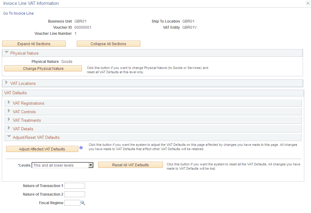 Invoice Line VAT Information page (1 of 2) accessed from the voucher line in PeopleSoft Payables