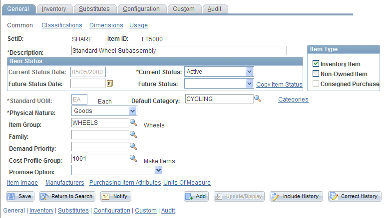 Define Item - General: Common page