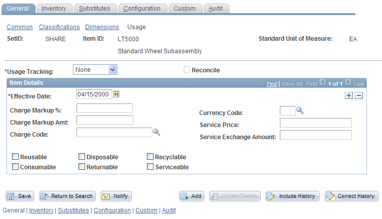 Define Item - General: Usage page