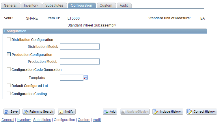 Define Item - Configuration page