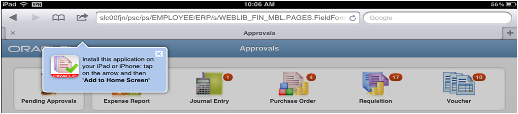 Mobile Approvals Bookmark page