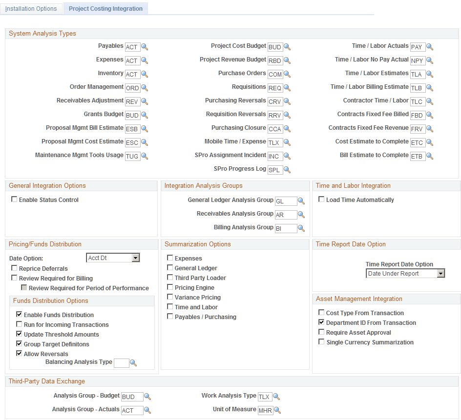 Installation Options - Project Costing Integration page