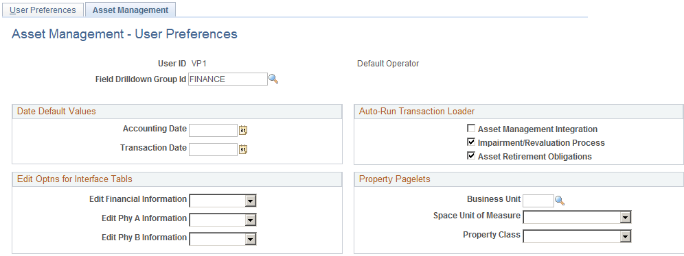 Asset Management - User Preferences page