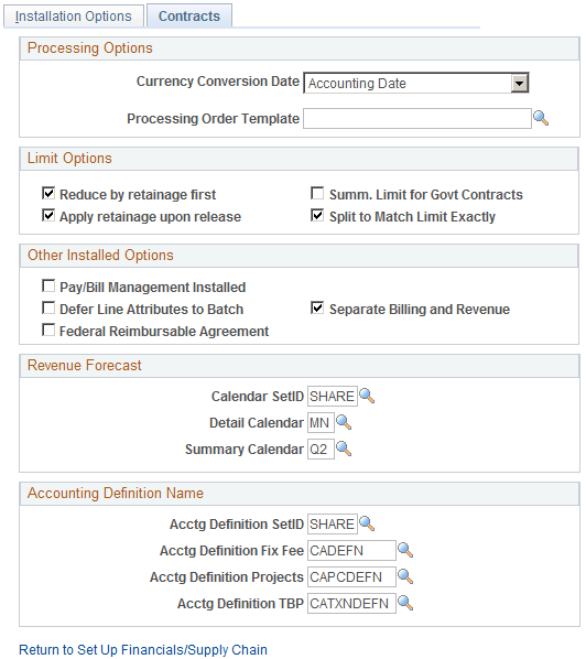 Installation Options - Contracts page