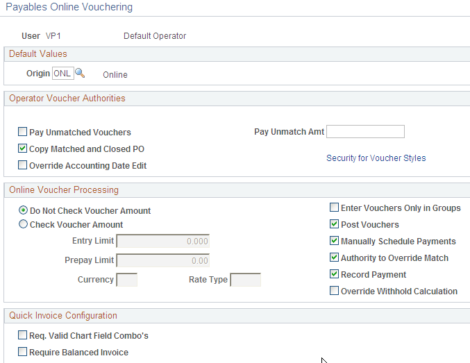 Procurement - Payables Online Vouchering page