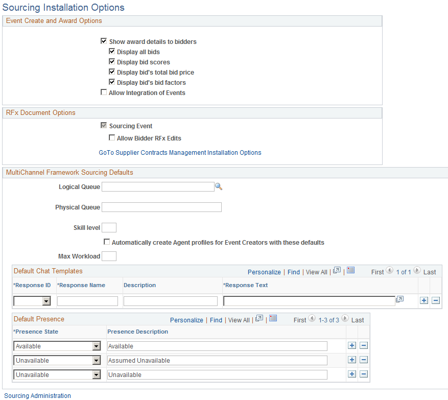 Sourcing Installation Options page