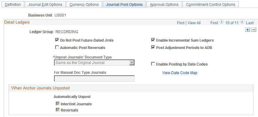 Ledgers For A Unit - Journal Post Options page