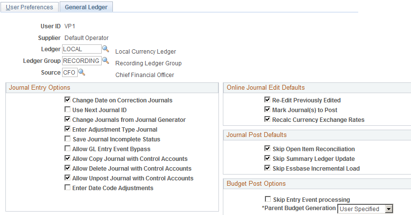 User Preferences - General Ledger page