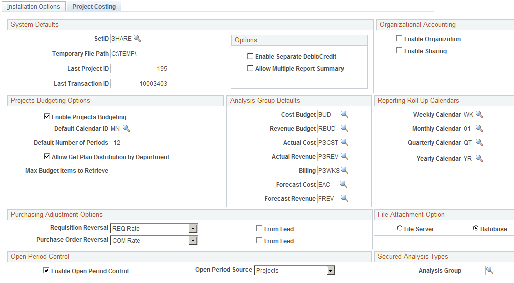 Installation Options - Project Costing page