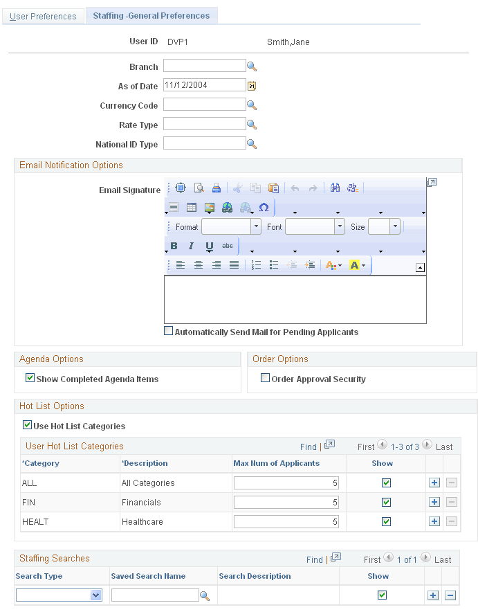 Staffing - General Preferences page