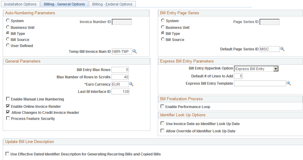 Billing - General Options page