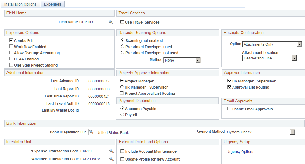 Installation Options - Expenses page