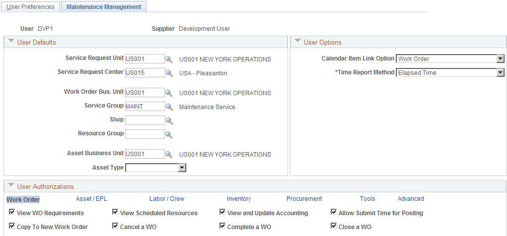 User Preferences - Maintenance Management page