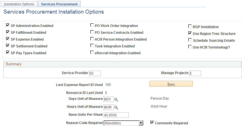 Services Procurement Installation Options page
