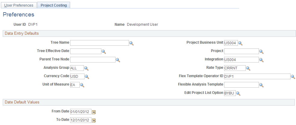 User Preferences - Project Costing page
