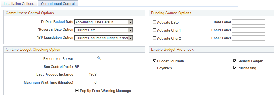 Installation Options - Commitment Control page