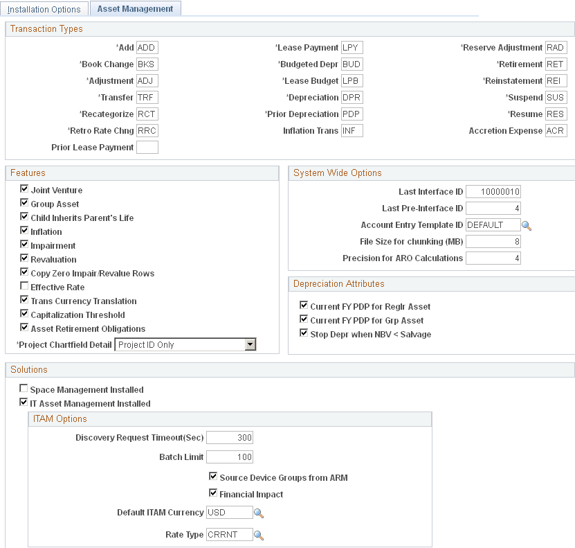 Installation Options - Asset Management page
