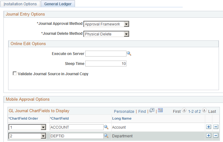 Installation Options - General Ledger page