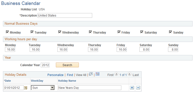 Business Calendar page
