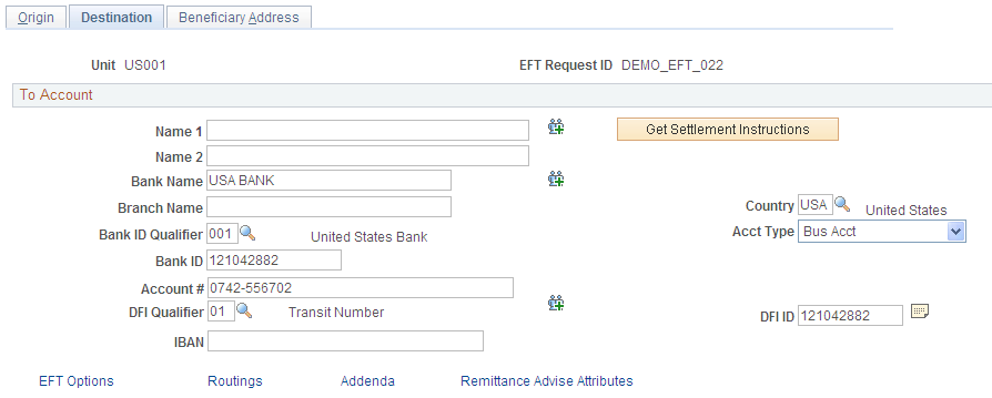 EFT Request - Destination page
