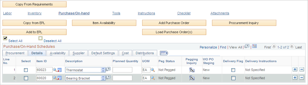 Purchase/On-Hand Schedules Details tab on Schedules page