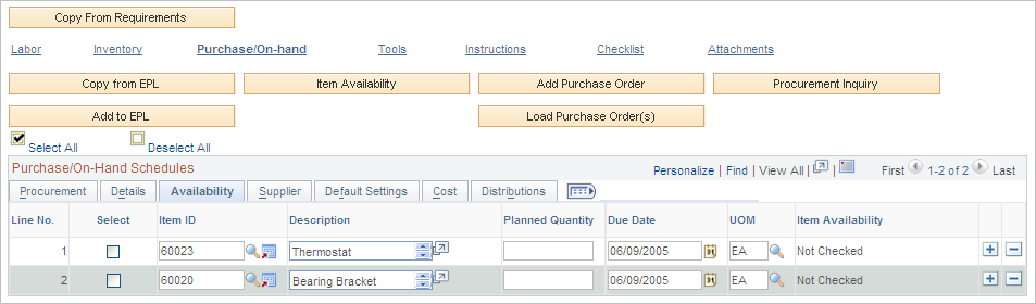Purchase/On-Hand Schedules Availability tab on Schedules page
