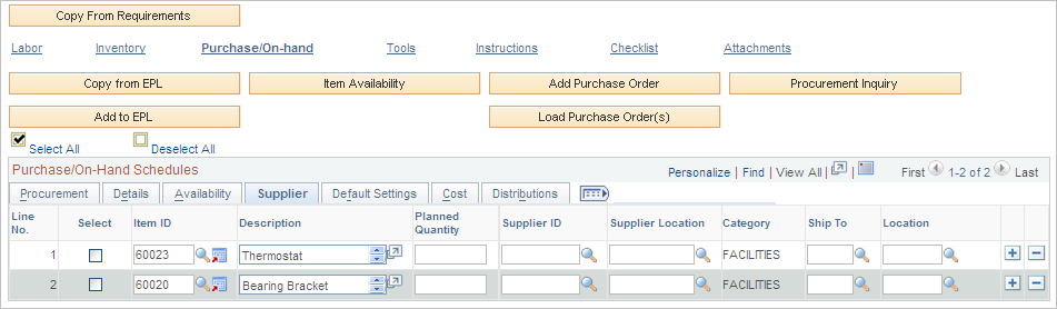 Purchase/On-Hand Schedules Vendor tab on Schedules page