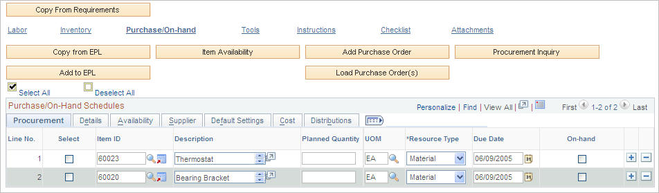 Purchase/On-Hand Schedules Procurement tab on Schedules page