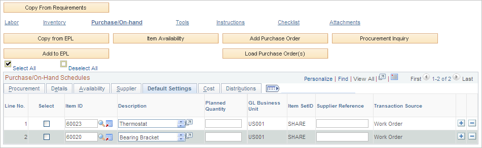 Purchase/On-Hand Schedules Default Settings tab on Schedules page