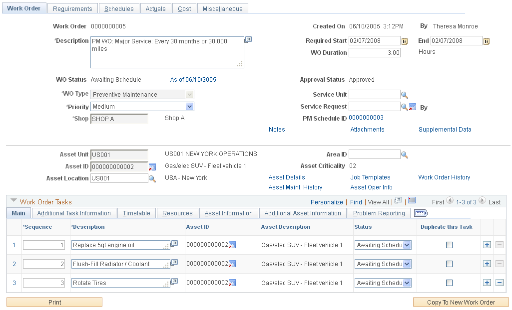 Work Order page