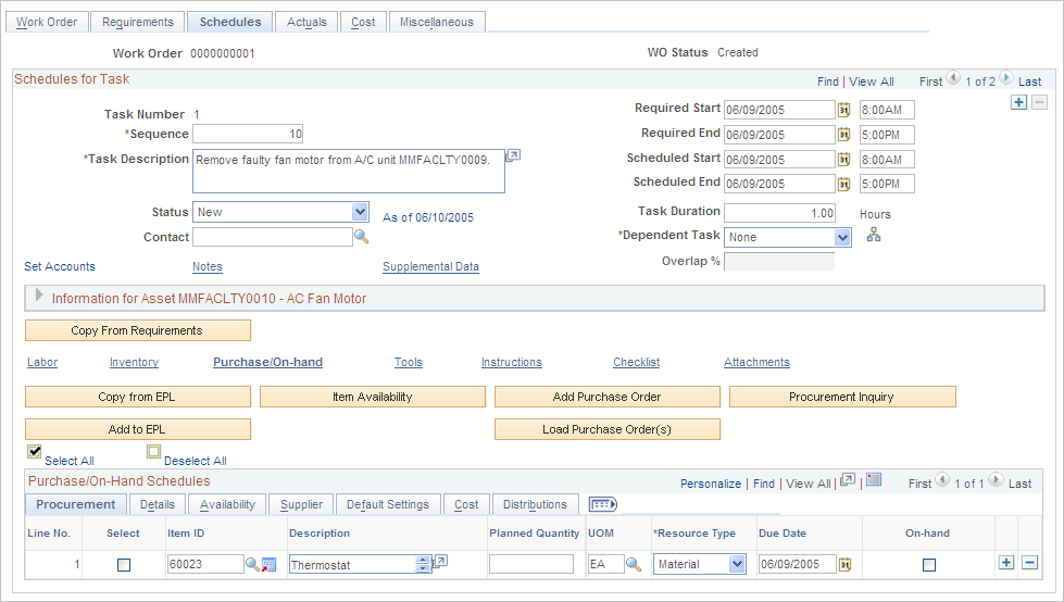 Schedules page - Purchase/On-Hand Schedules grid