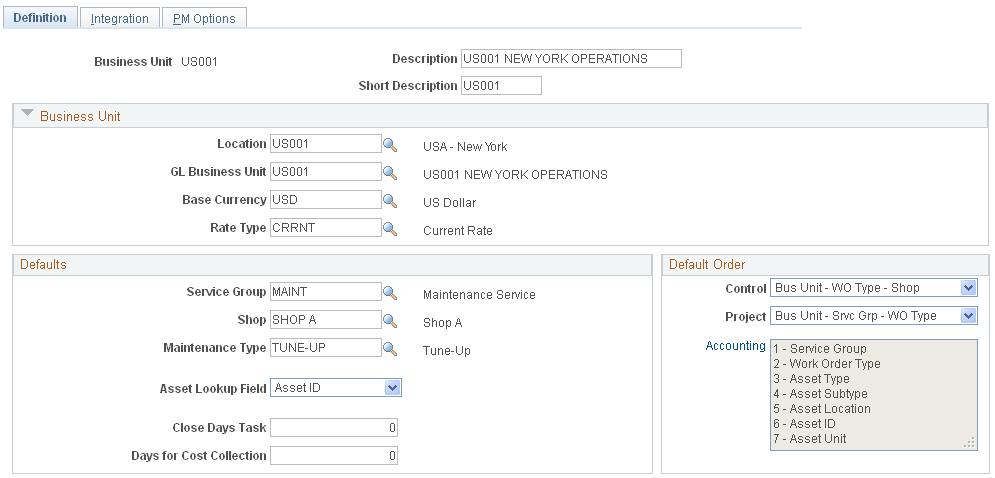 Work Order - Definition page (1 of 2)
