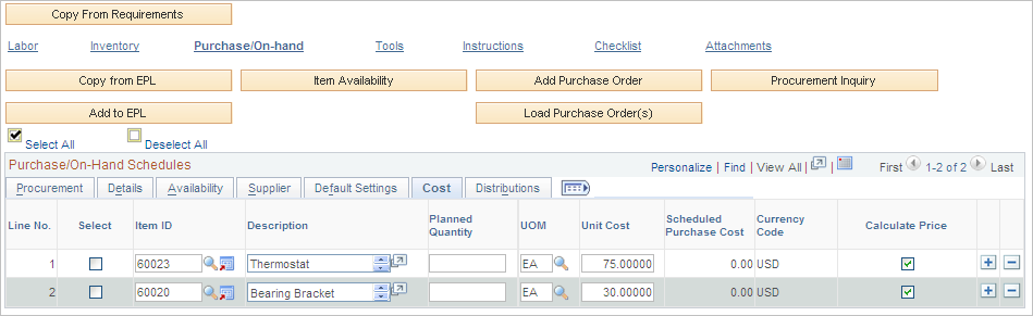 Purchase/On-Hand Schedules Cost tab on Schedules page