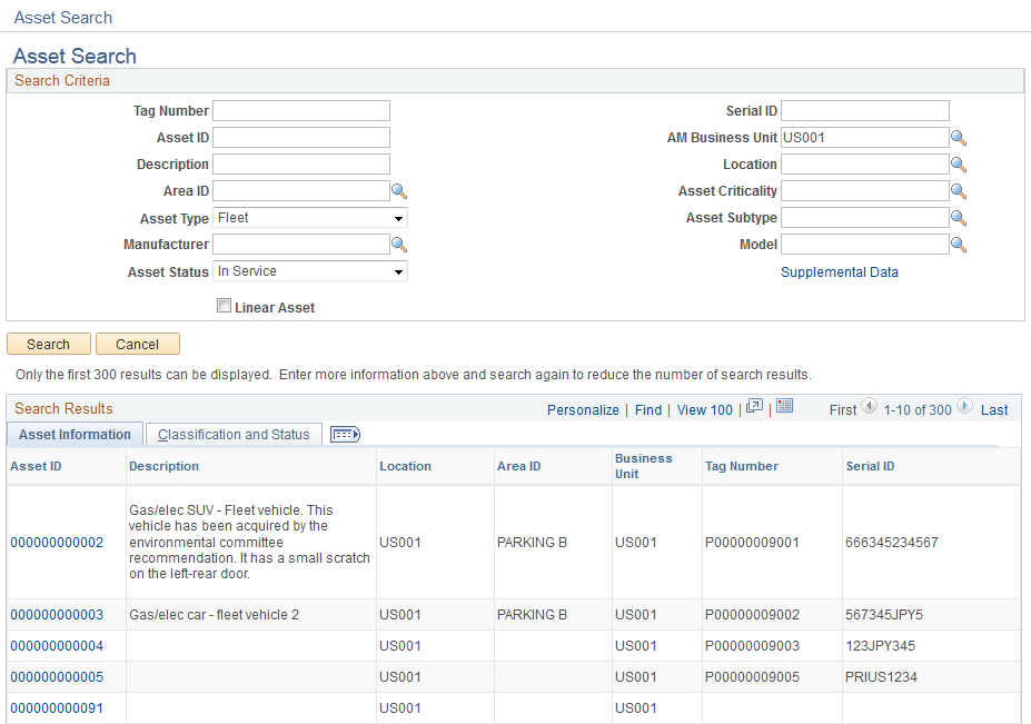 Asset Search page