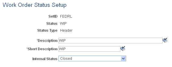 Work Order Status Setup page
