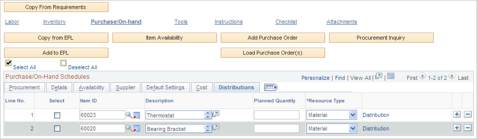 Purchase/On-Hand Schedules Distributions tab on Schedules page