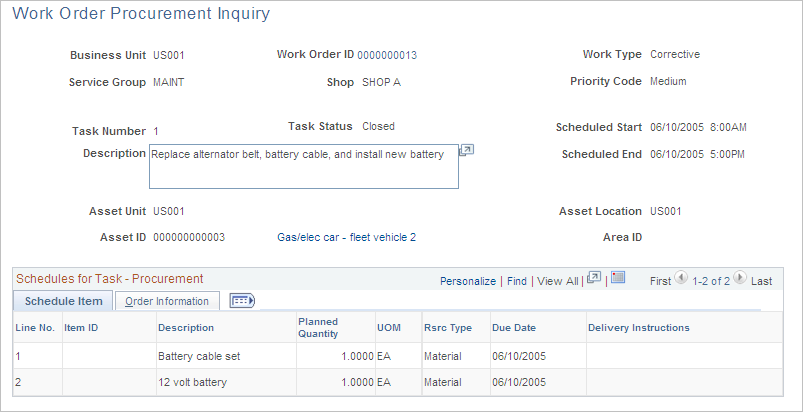 Work Order Procurement Inquiry page