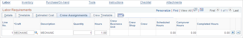 Requirements page - Labor Requirements Crew Assignments tab