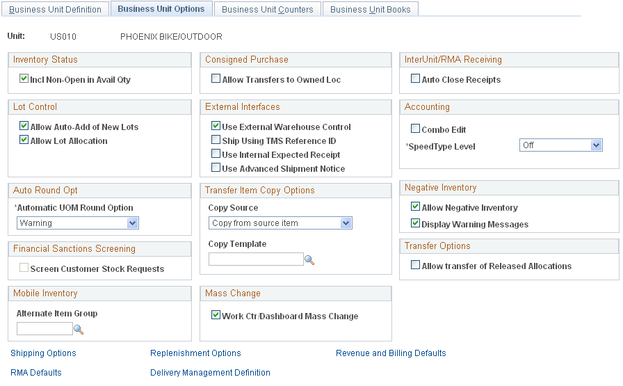 Business Unit Options page