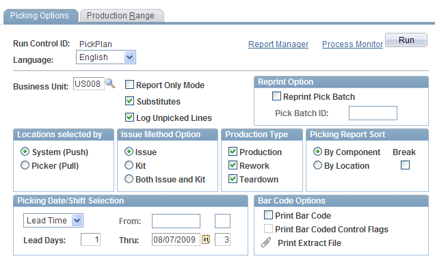 Picking Options page