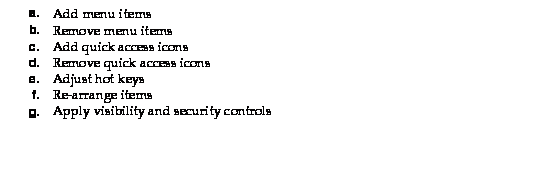 Text Box: a. Add menu items
b. Remove menu items
c. Add quick access icons
d. Remove quick access icons
e. Adjust hot keys
f. Re-arrange items
g. Apply visibility and security controls