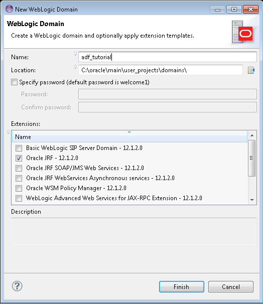 New WebLogic domain dialog