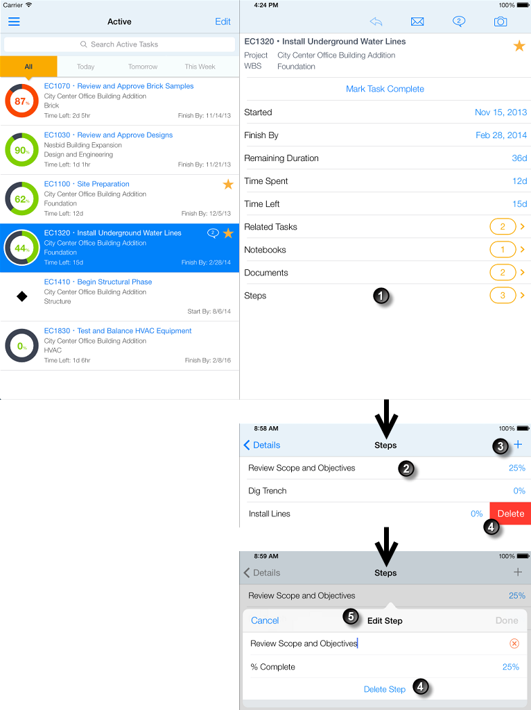 P6 Team Memberのステップのための主要なコントロールおよびインジケータ。次の表はラベルが付いた各アイテムについて説明しています。