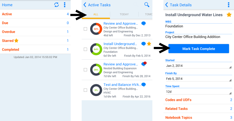 P6 Team Member-Seitenfolge: "Meine Tasks", "Aktive Tasks", "Task-Details"